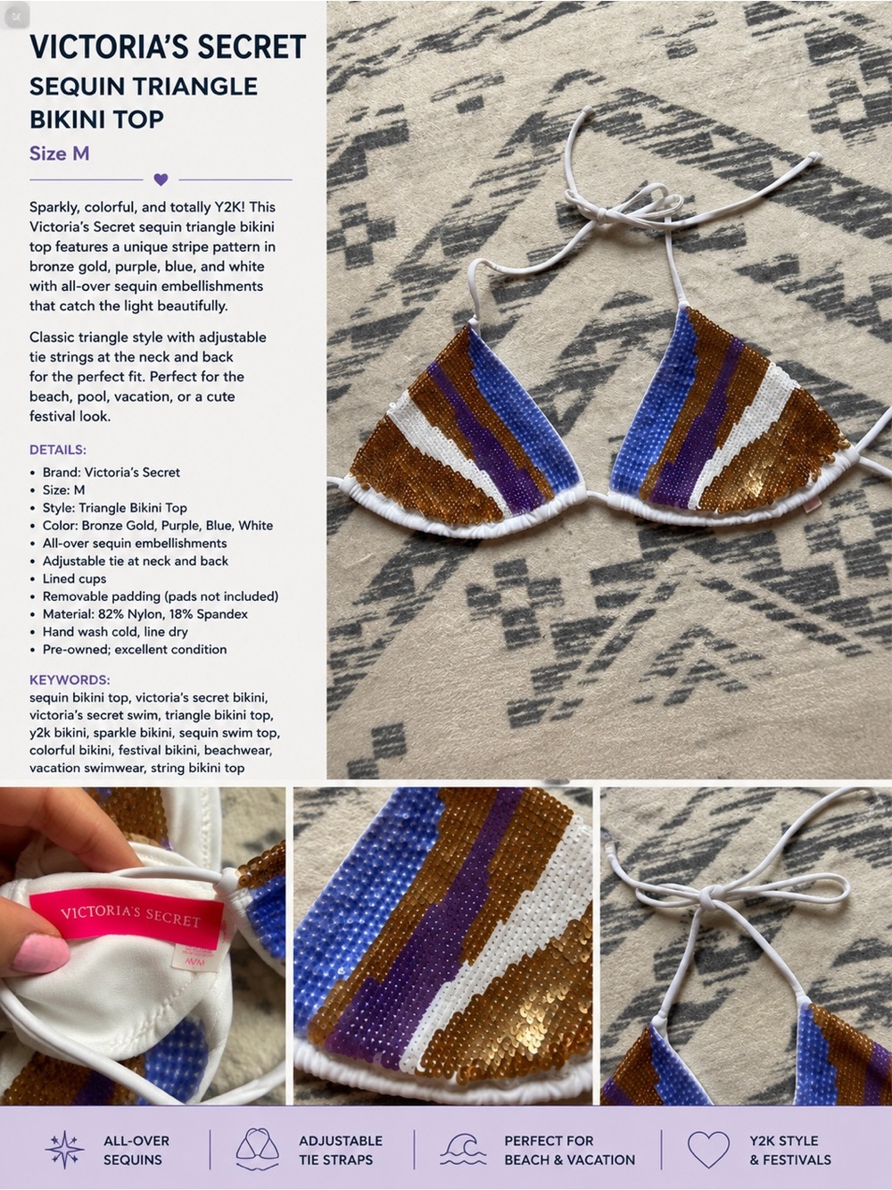 Victoria's Secret Bronze Gold Purple Blue Sequin Triangle Bikini Top